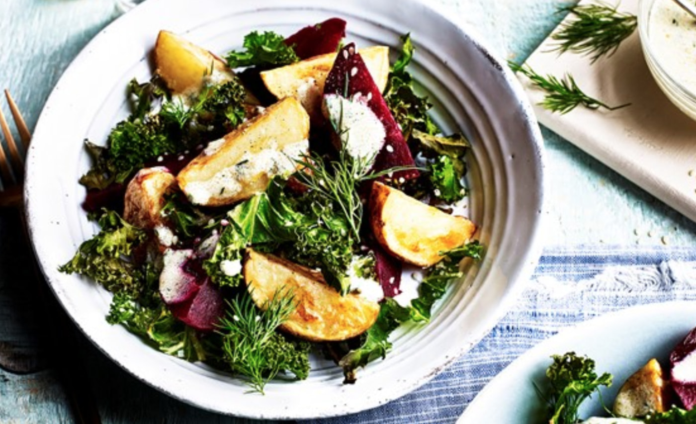 Roast potato, kale, beetroot and dill salad with toasted sesame seed dressing