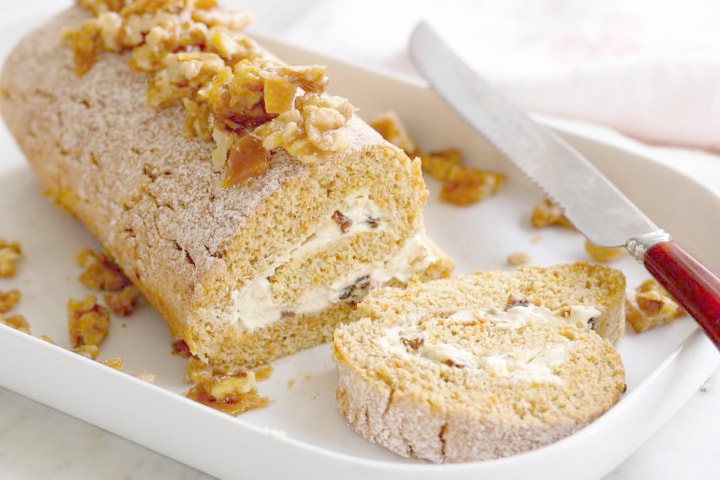 Carrot cake roulade with candied walnuts